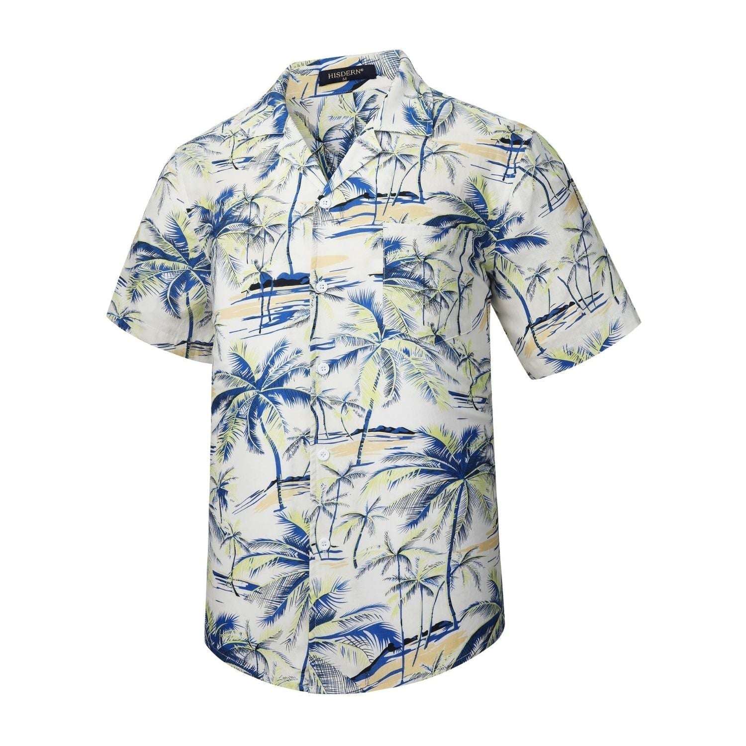 Hisdern Yellow White Palm Tree Button Up Hawaiian Shirt For Summer Vac