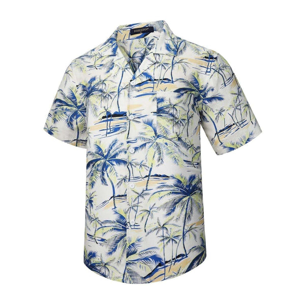 Yellow White Palm Tree Button Up Hawaiian Shirt For Summer Vacation