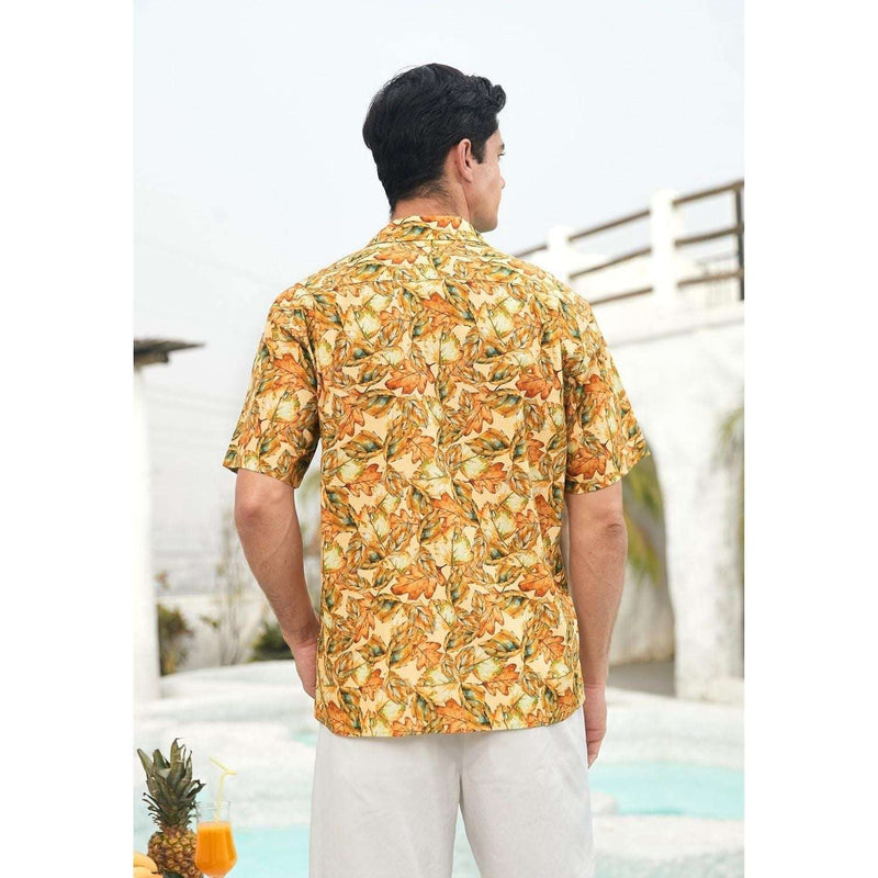 Yellow Floral Button Up Hawaiian Shirt For Summer Vacation