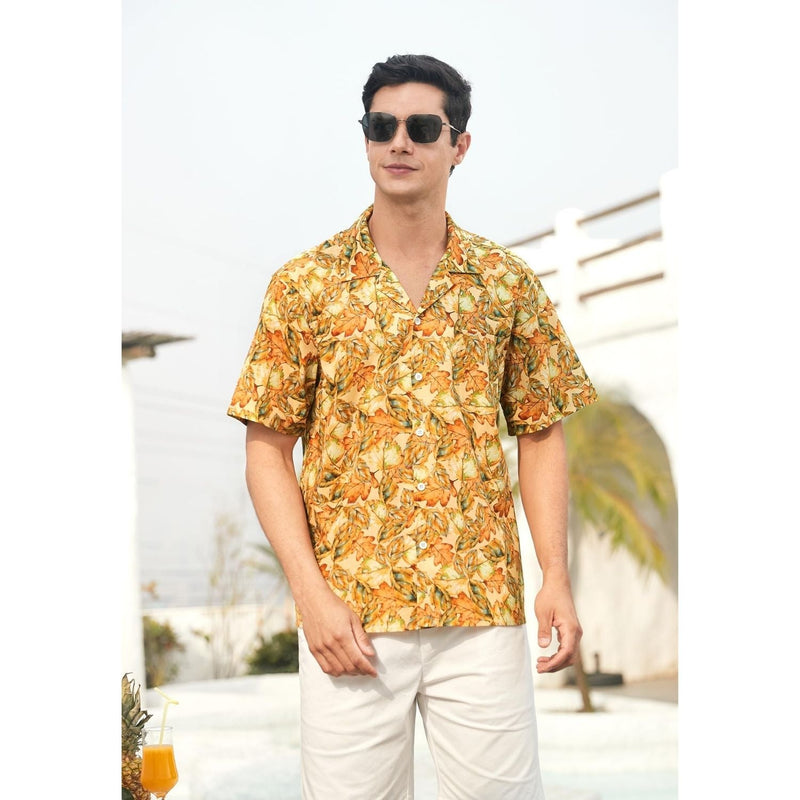 Yellow Floral Button Up Hawaiian Shirt For Summer Vacation