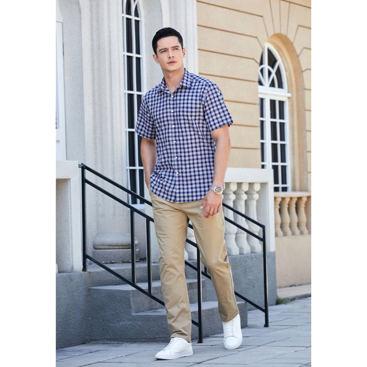 Hisdern Navy Blue White Plaid Shirts for Men Short Sleeve Regular Fit