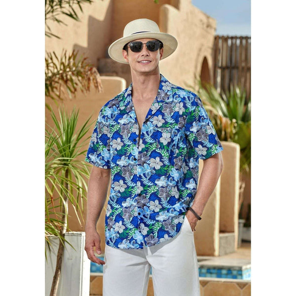 Blue White Floral Button Up Hawaiian Shirt For Summer Vacation