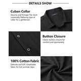 Hisdern Casual Short Sleeve Black Cuban Collar Shirts for Men Summer