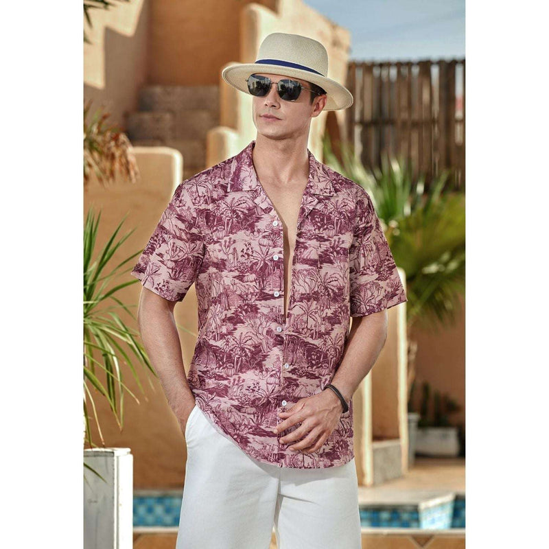 Red Floral Button Up Hawaiian Shirt For Summer Vacation