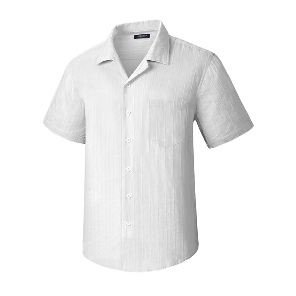 Hisdern Casual Short Sleeve White Cuban Collar Shirts for Men Summer