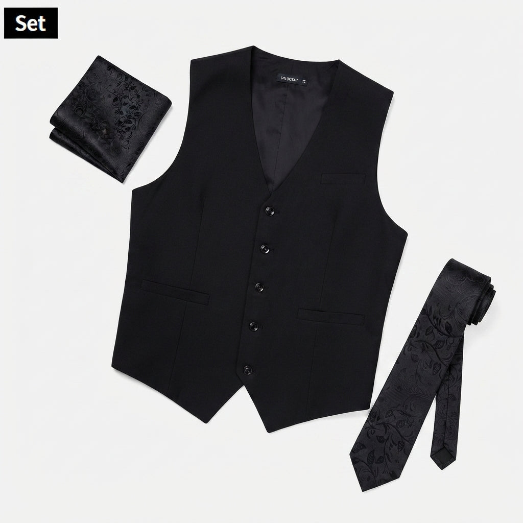 Hisdern Black Satin Vest and Floral Accessory Set