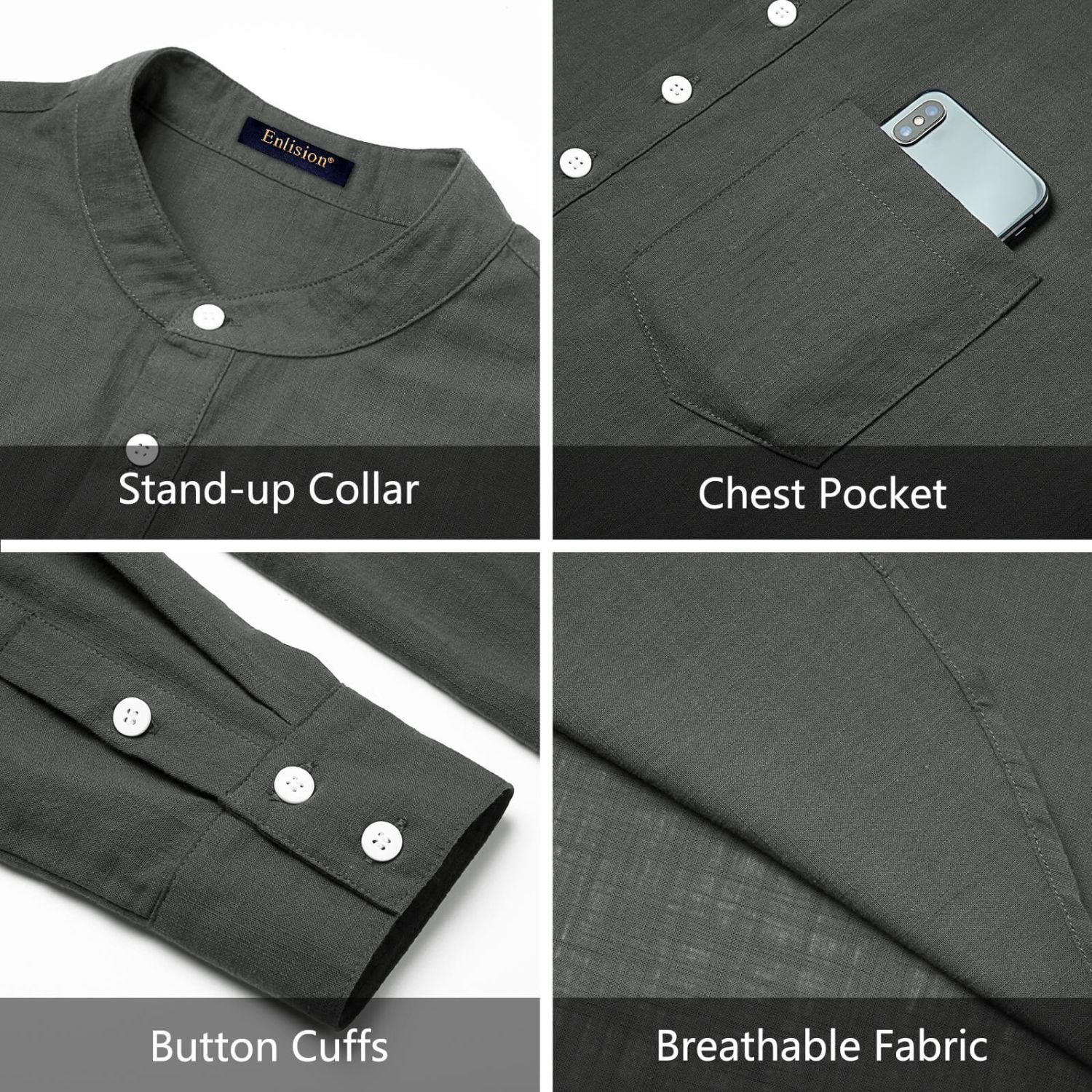 Hisdern Men's Dark Grey Henley Long Sleeve Shirt Casual Button-Up Style