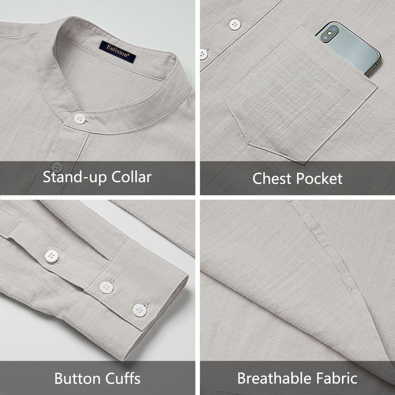 Hisdern Men's Light Grey Henley Long Sleeve Shirt Casual Button-Up Style