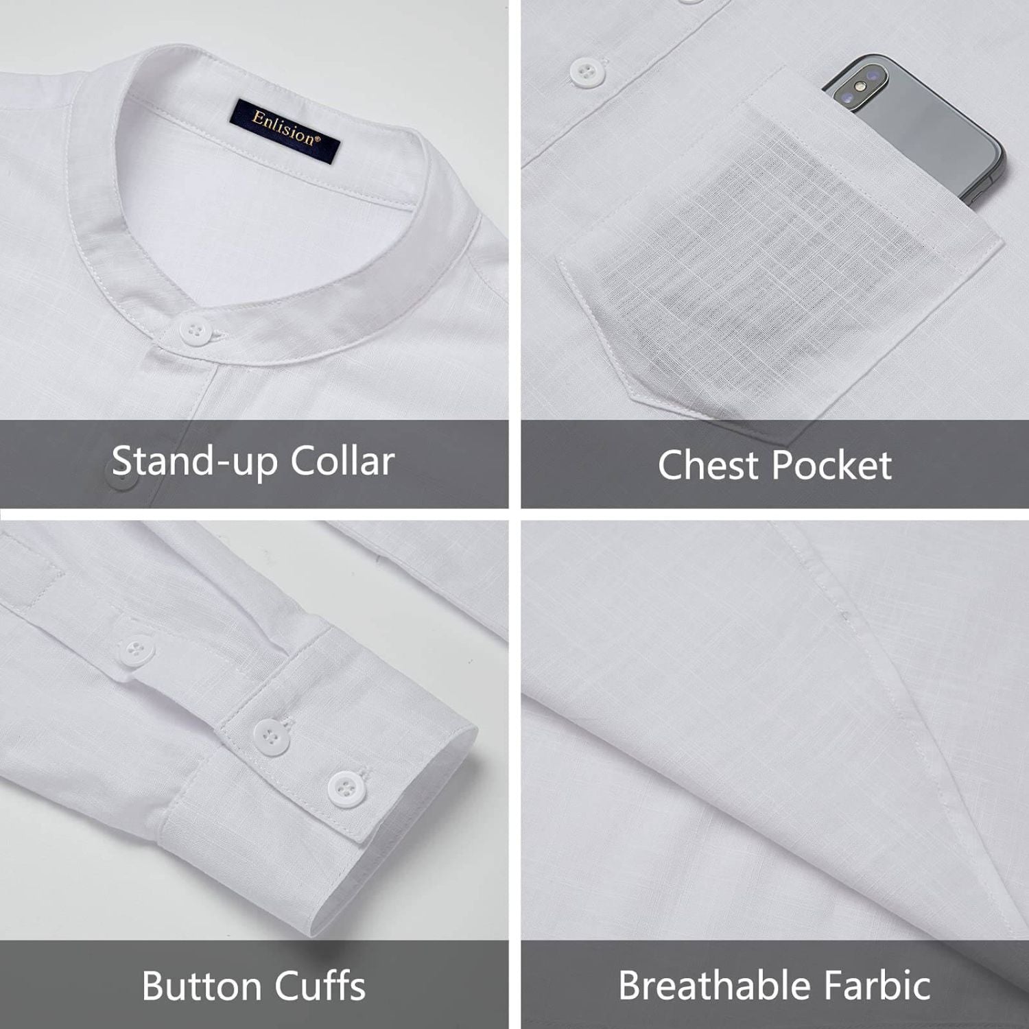 Hisdern Men's White Henley Long Sleeve Shirt Casual Button-Up Style