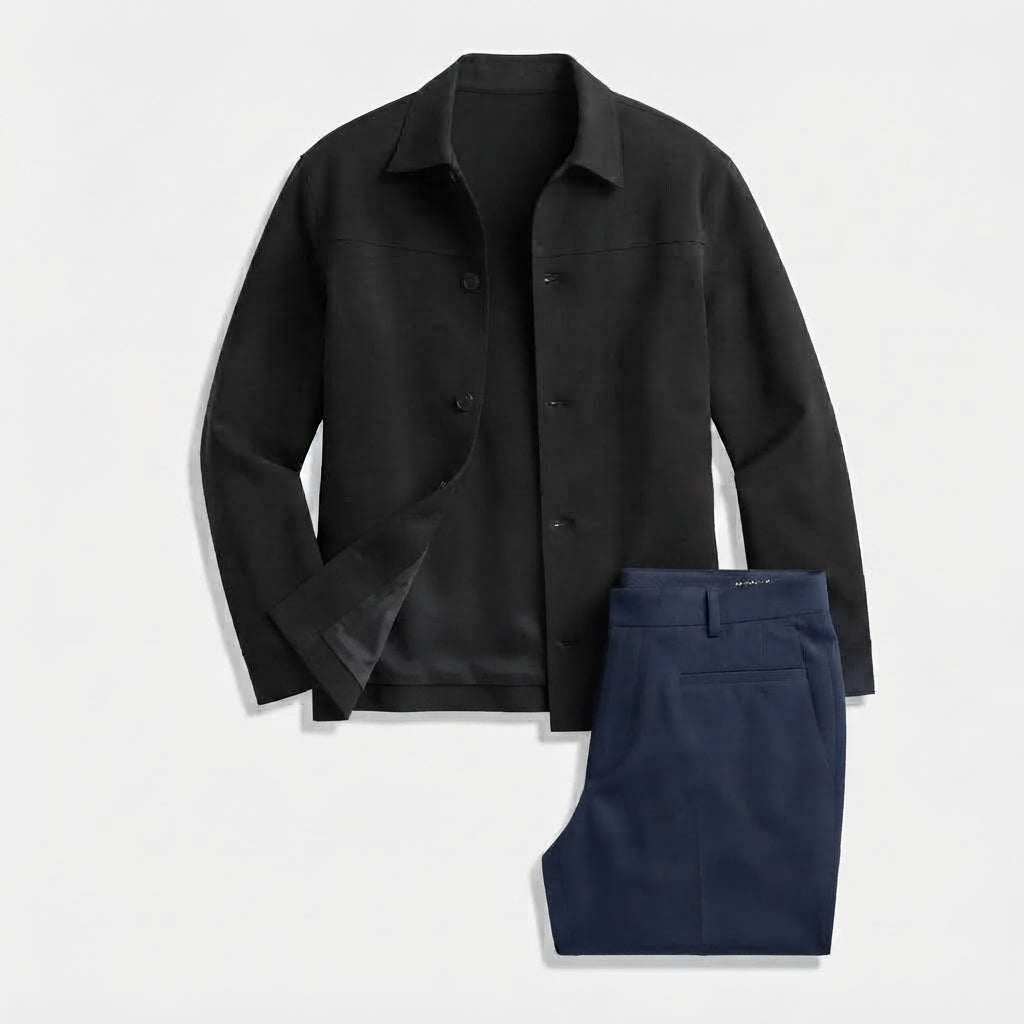 Hisdern Men's Black Button Down Shirt Jacket and Navy Wide-Leg Dress Pants Matching Set