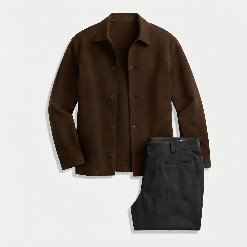 Hisdern Men's Brown Button Down Shirt Jacket and Black Wide-Leg Dress Pants Matching Set