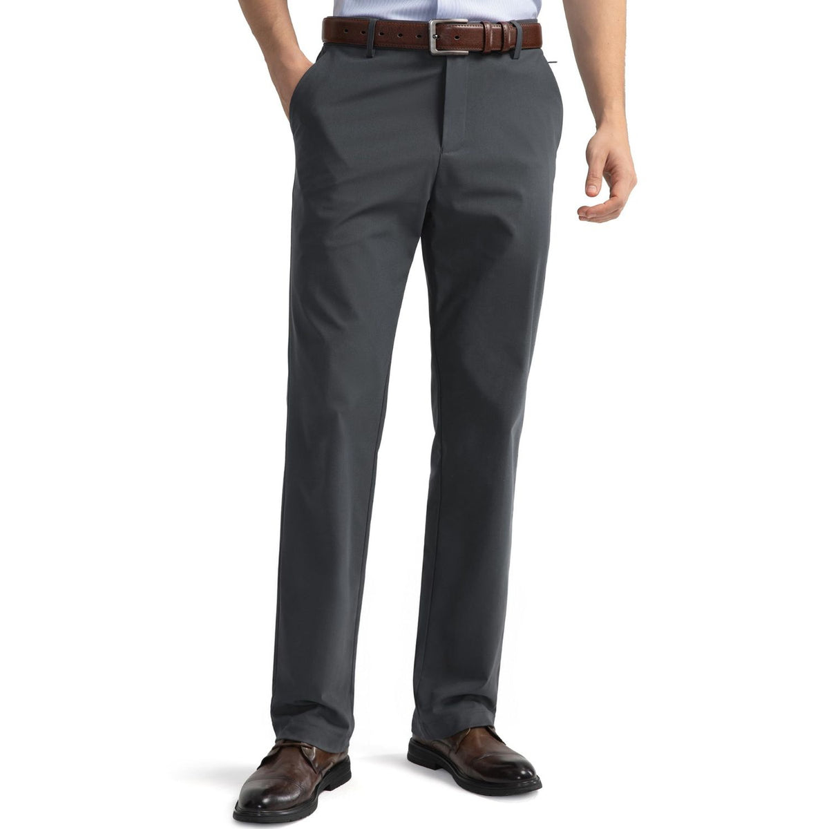 Hisdern Men's White Dress Shirt and Dark Grey Flex Classic Pants Smart Casual Coordinated Set