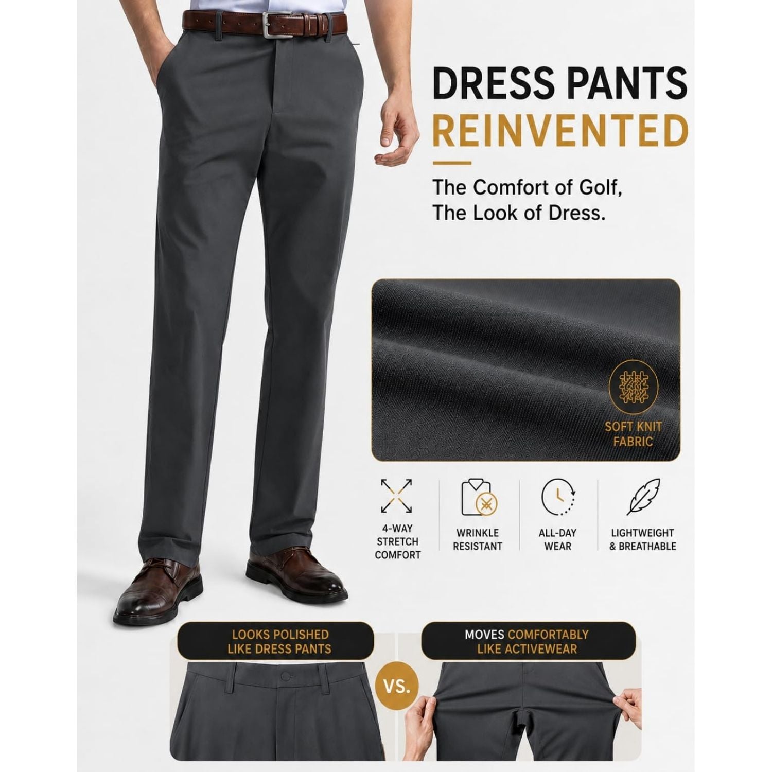 Hisdern Flex 501 Men's Golf Pants Dark Gray Classic Fit Stretch