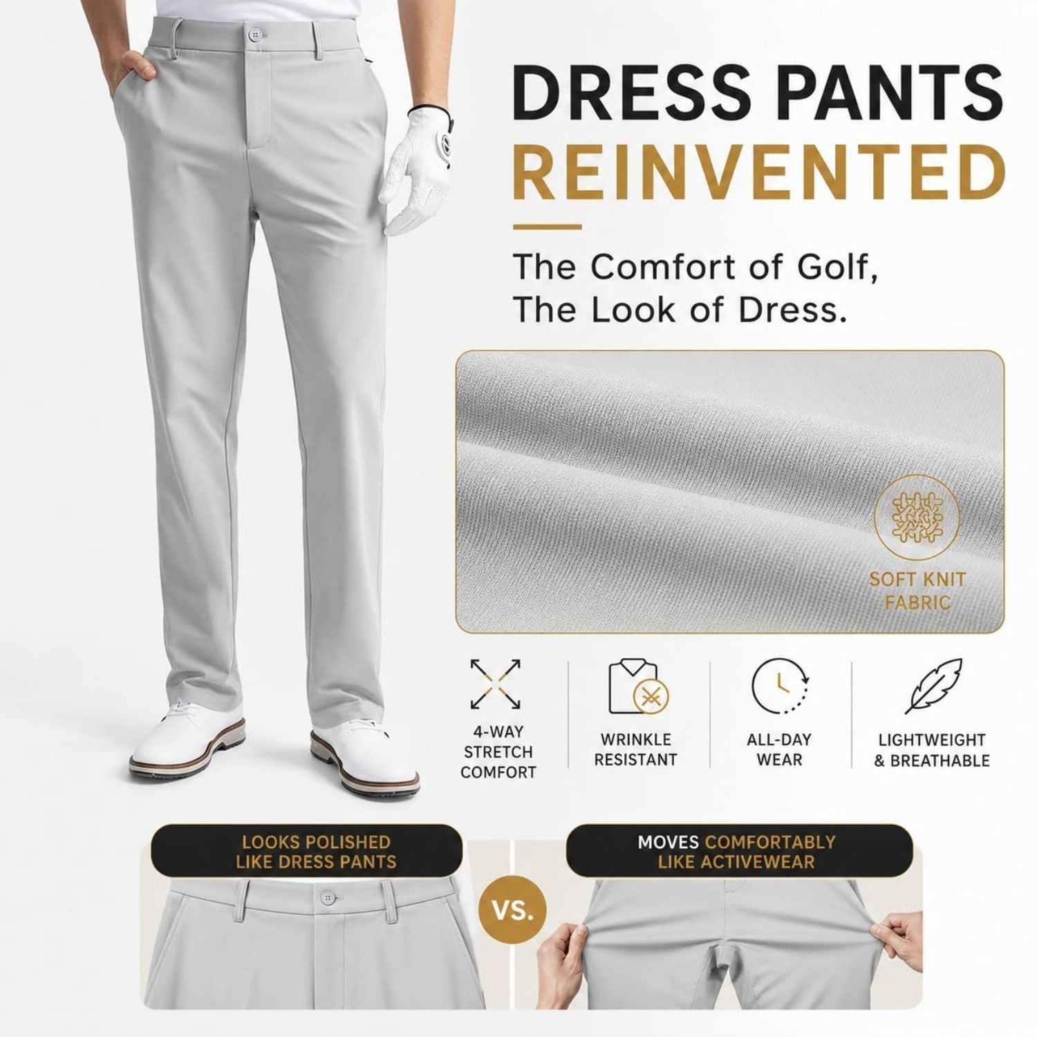 Hisdern Flex 501 Men's Golf Pants Silver Gray Classic Fit Stretch