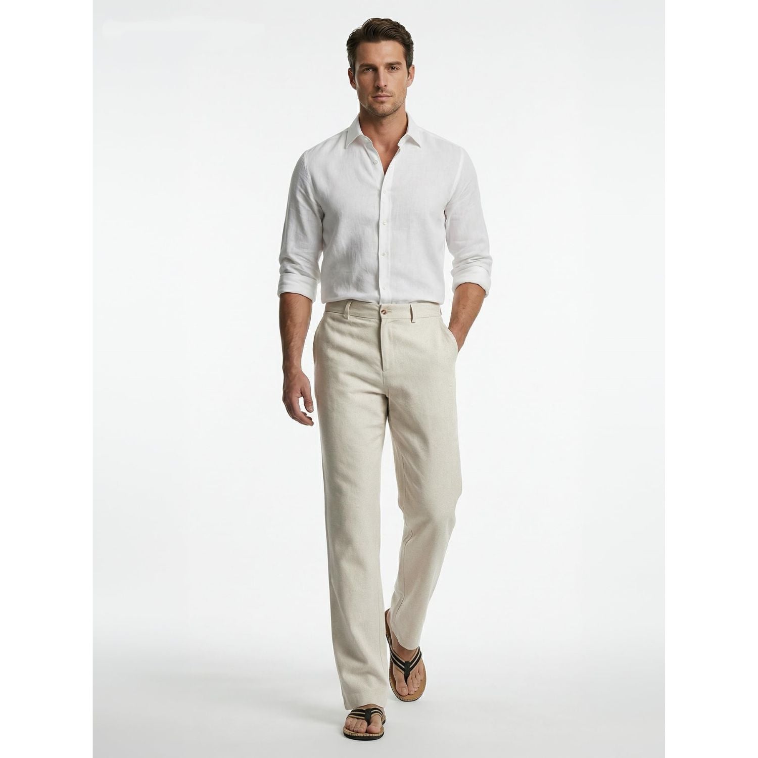 Hisdern Men's Breathable Beige Linen Trousers Lightweight Summer Casual Pants