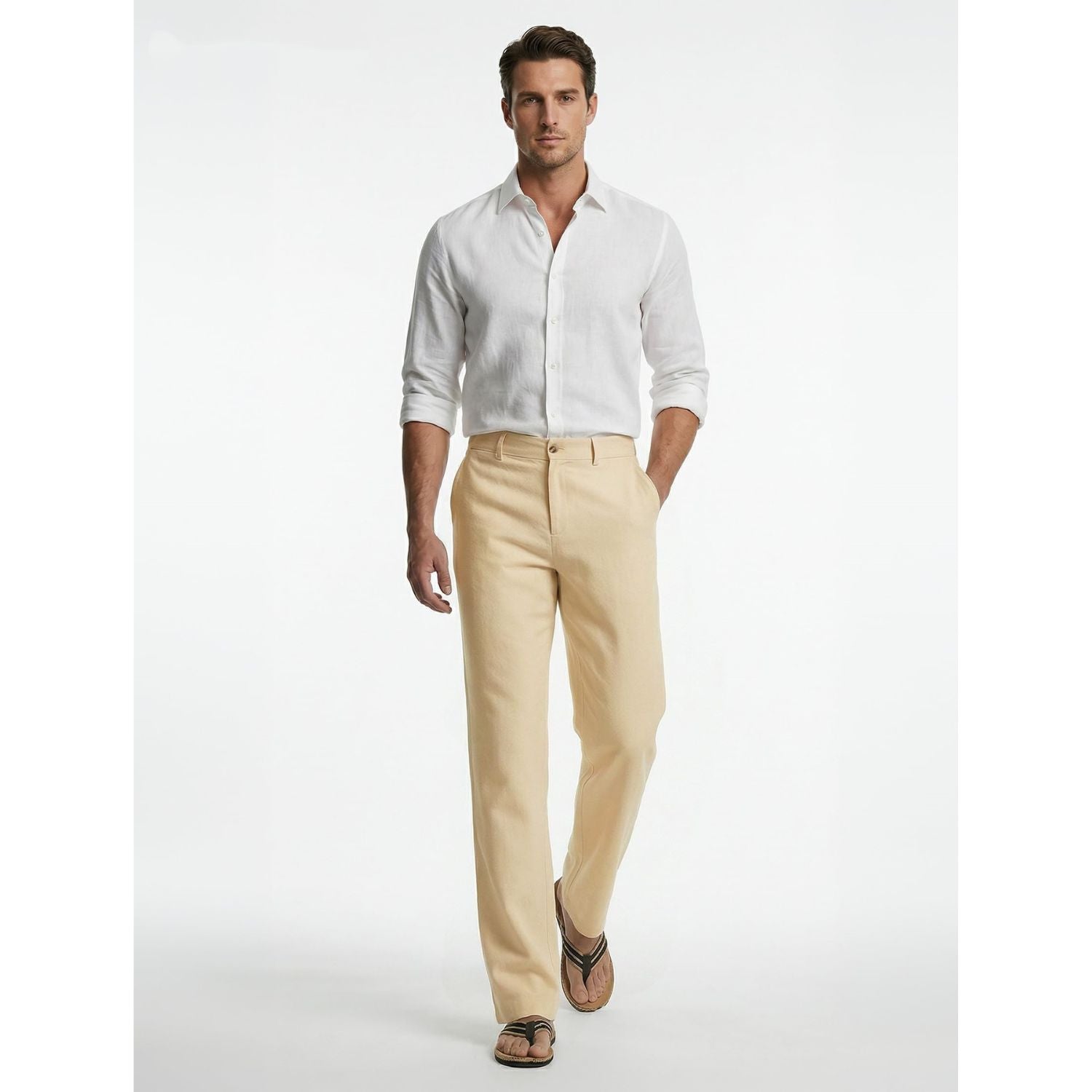 Hisdern Men's Breathable Khaki Linen Trousers Lightweight Summer Casual Pants