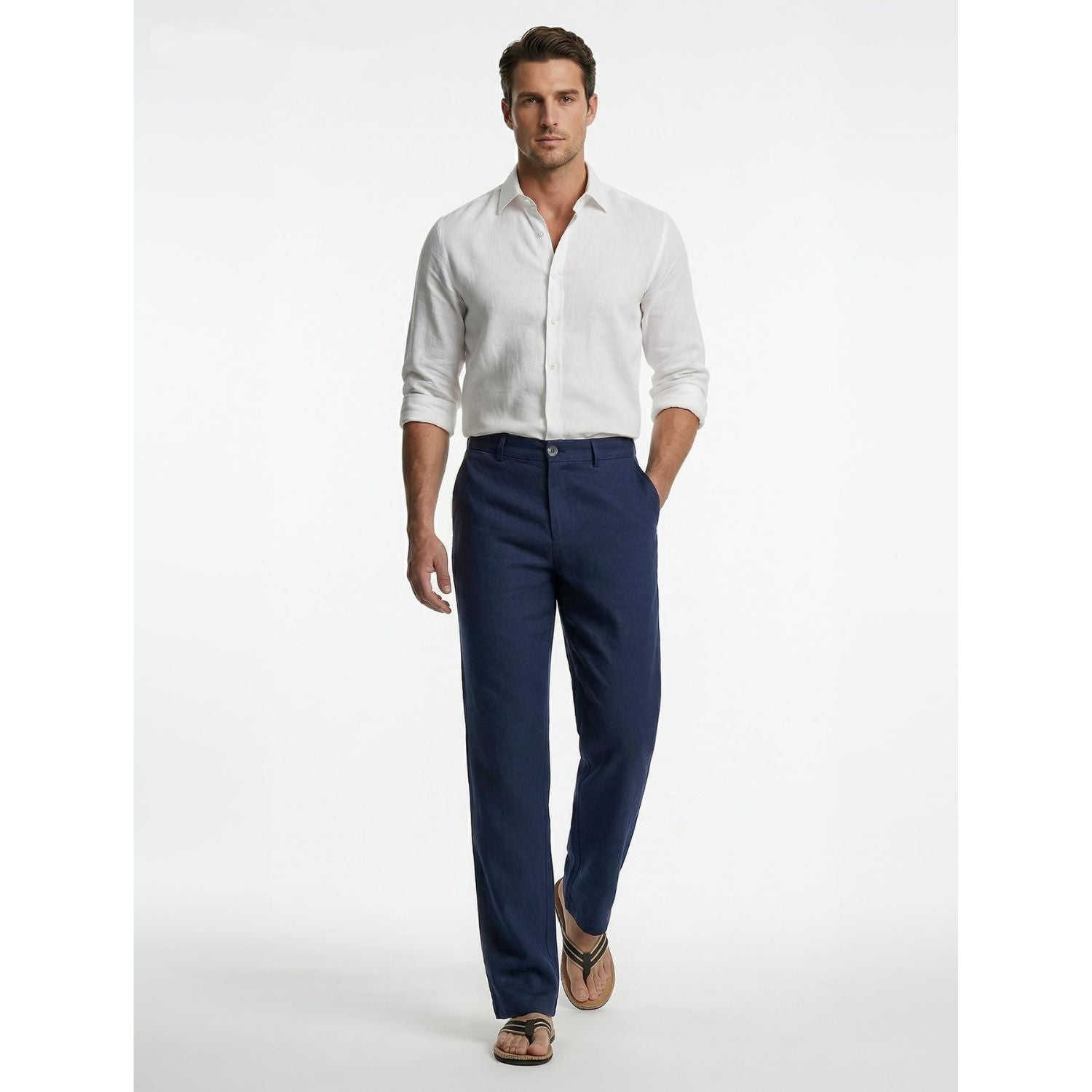 Hisdern Men's Breathable Navy Blue Linen Trousers Lightweight Summer Casual Pants