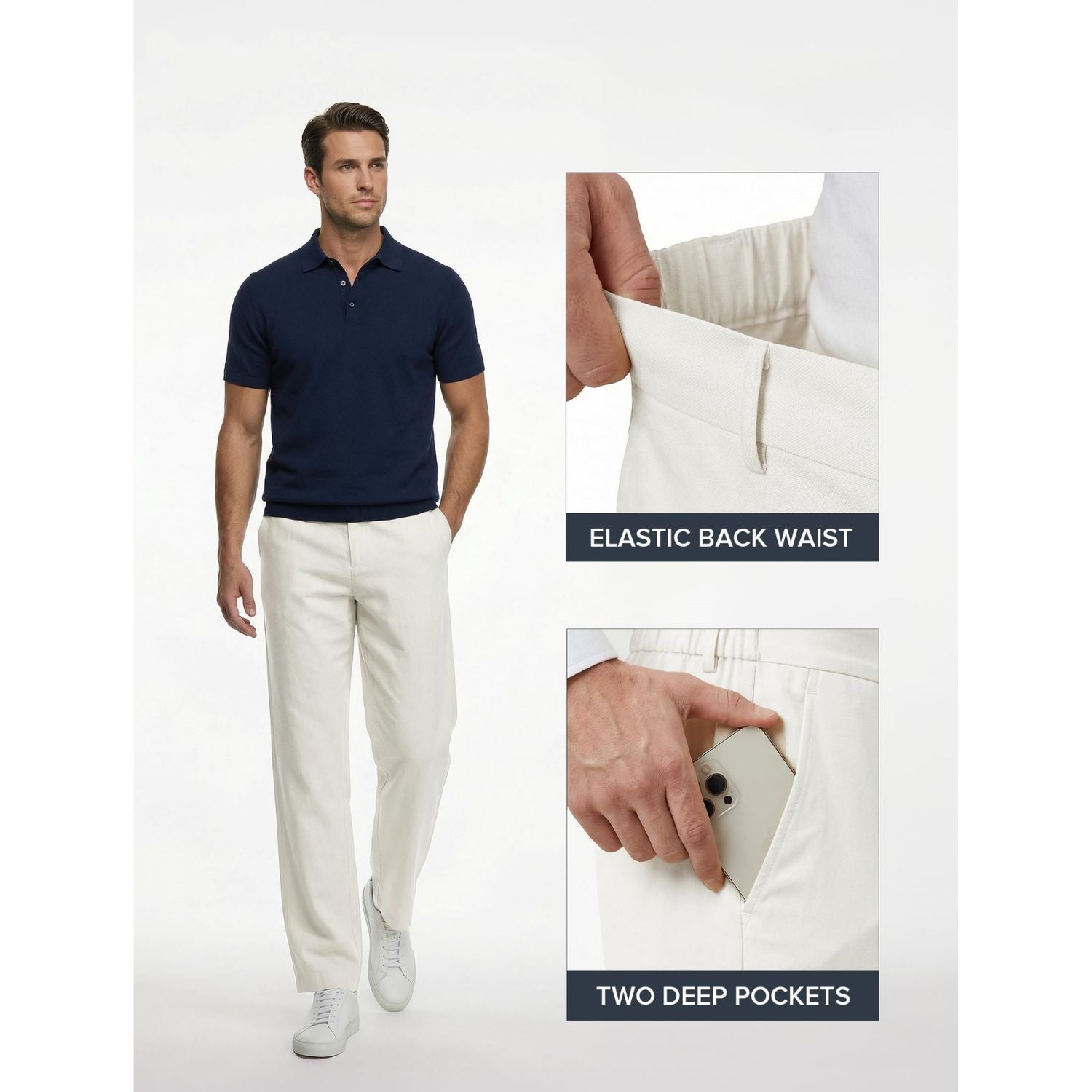 Hisdern Men's Breathable White Linen Trousers Lightweight Summer Casual Pants