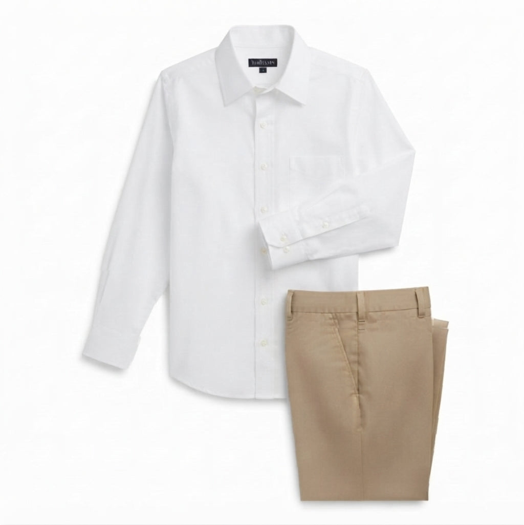 Hisdern Men's White Dress Shirt and Khaki Flex Stretch Wide-Leg Dress Pants Smart Casual Coordinated Set