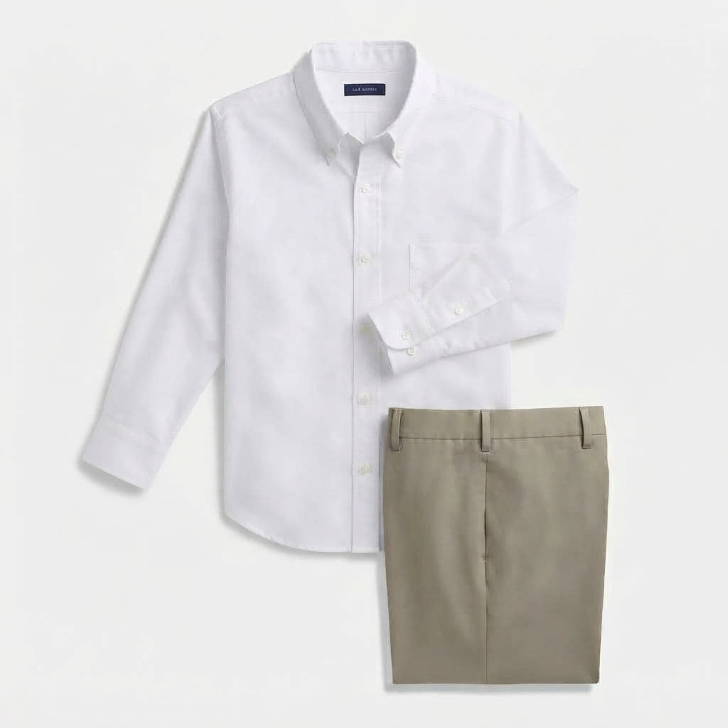 Hisdern Men's White Oxford Long Sleeve Shirt and Olive Green Flex Stretch Wide-Leg Dress Pants Matching Set