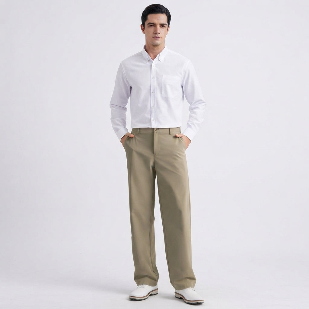 Hisdern Men's White Oxford Long Sleeve Shirt and Olive Green Flex Stretch Wide-Leg Dress Pants Matching Set