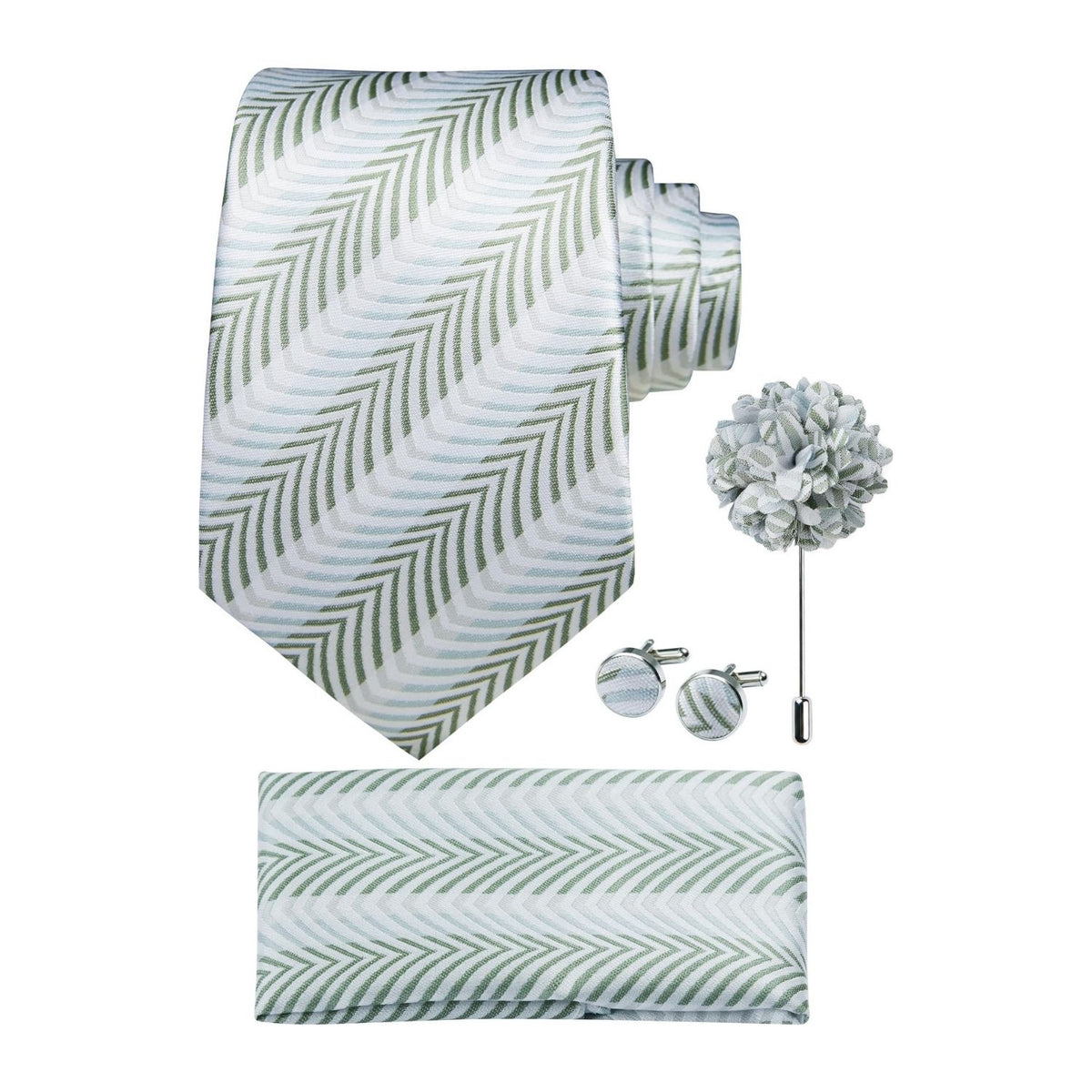 Hisdern Men's Striped 4-Piece Tie Set in Sage Green Grey for Weddings & Formal Wear