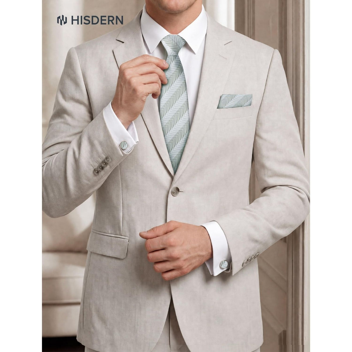 Hisdern Men's Striped 4-Piece Tie Set in Sage Green Grey for Weddings & Formal Wear