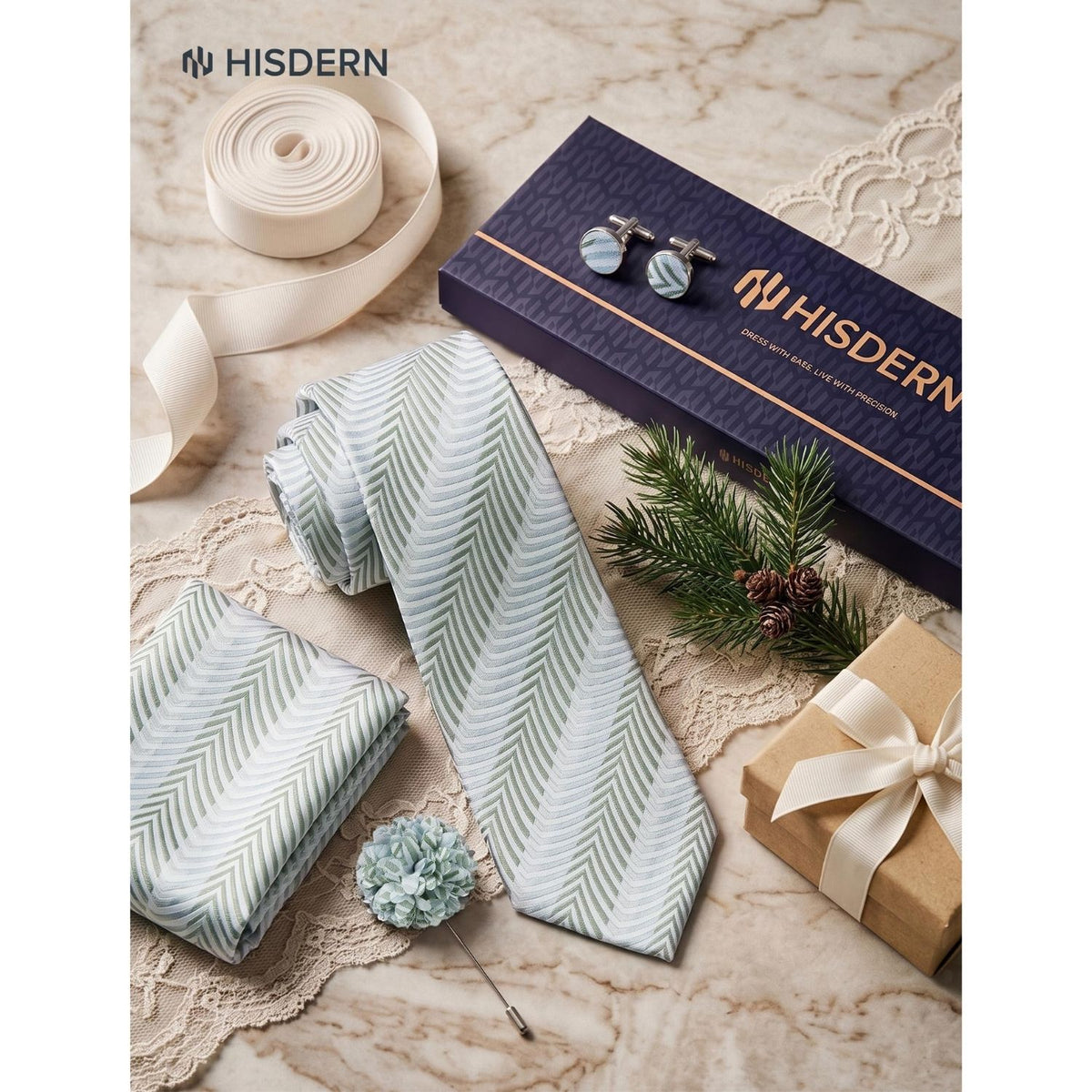 Hisdern Men's Striped 4-Piece Tie Set in Sage Green Grey for Weddings & Formal Wear