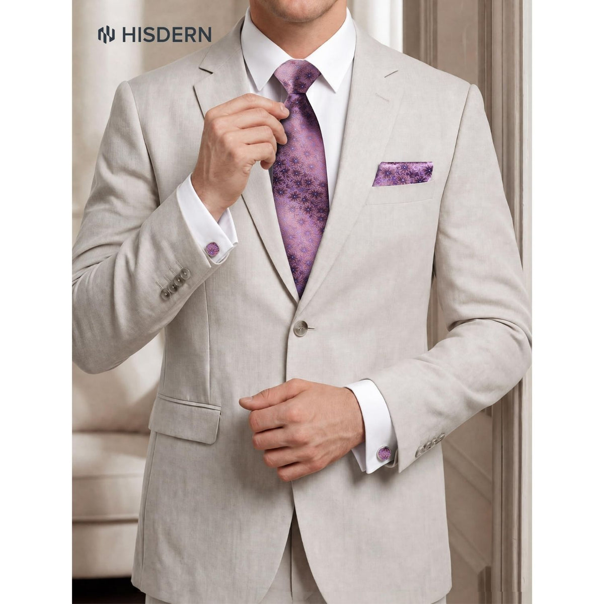 Hisdern Men's Floral 4-Piece Tie Set in Mauve & Pink for Weddings & Formal Wear