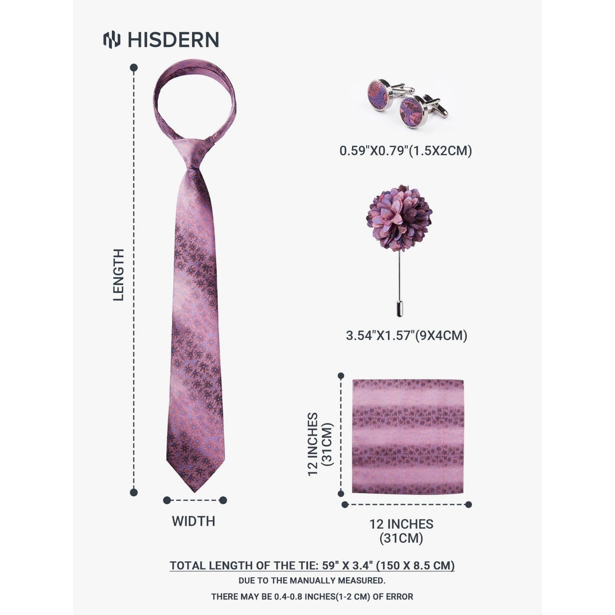 Hisdern Men's Floral 4-Piece Tie Set in Mauve & Pink for Weddings & Formal Wear