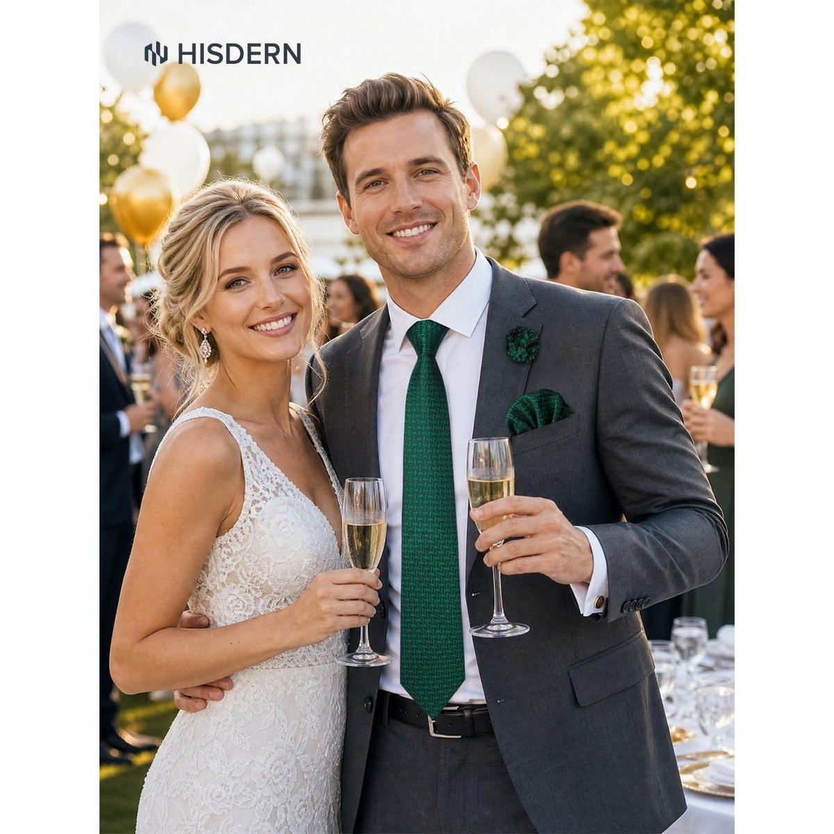 Hisdern Men's Houndstooth 4-Piece Tie Set in Dark Green for Weddings & Formal Wear