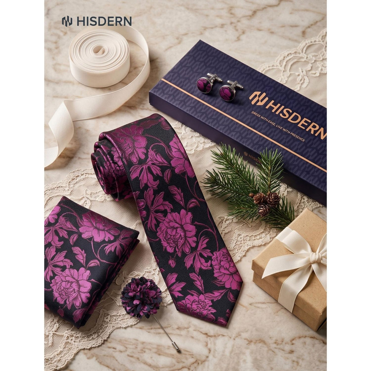 Hisdern Men's Floral 4-Piece Tie Set in Purple & Black for Weddings & Formal Wear