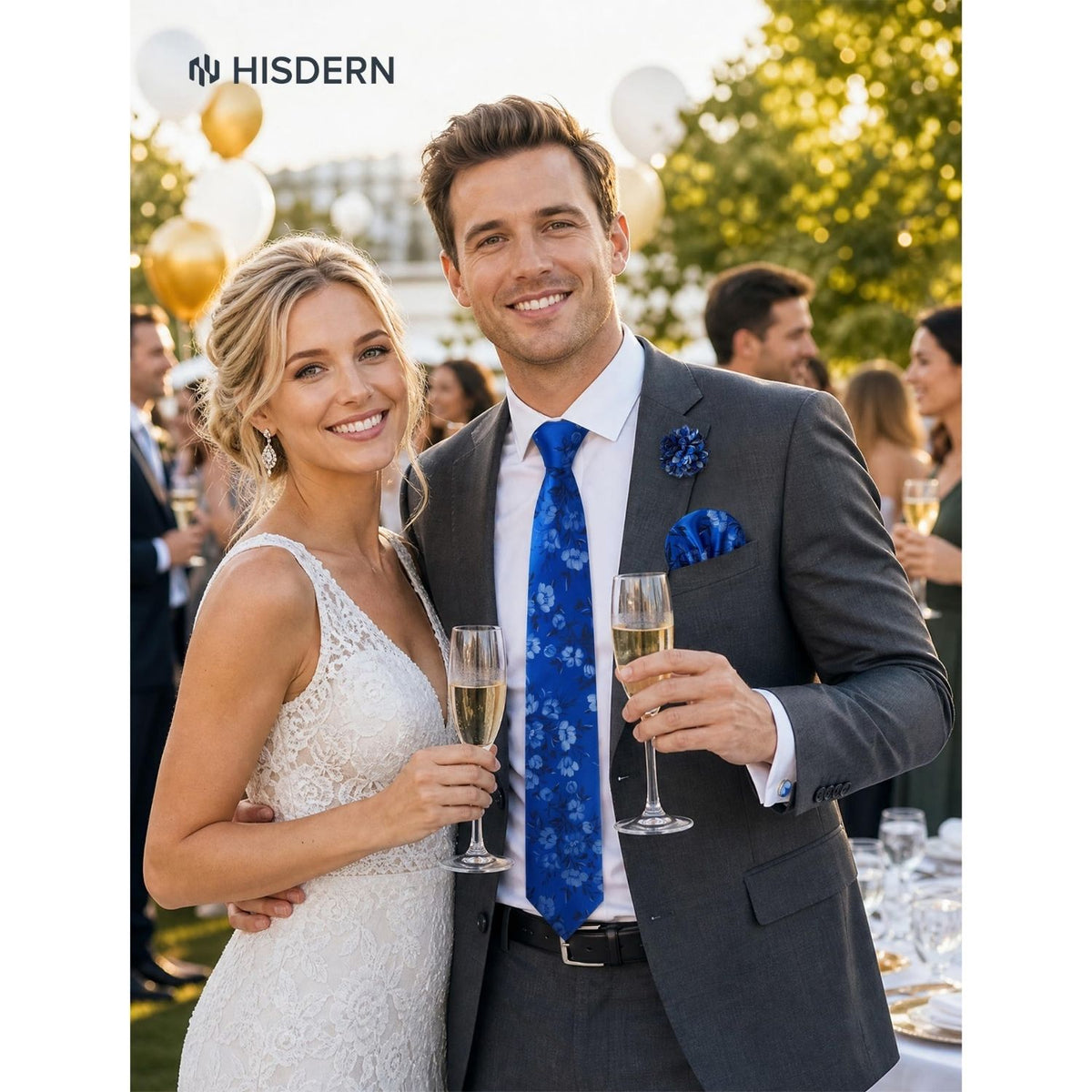 Hisdern Men's Floral 4-Piece Tie Set in Royal Blue for Weddings & Formal Wear