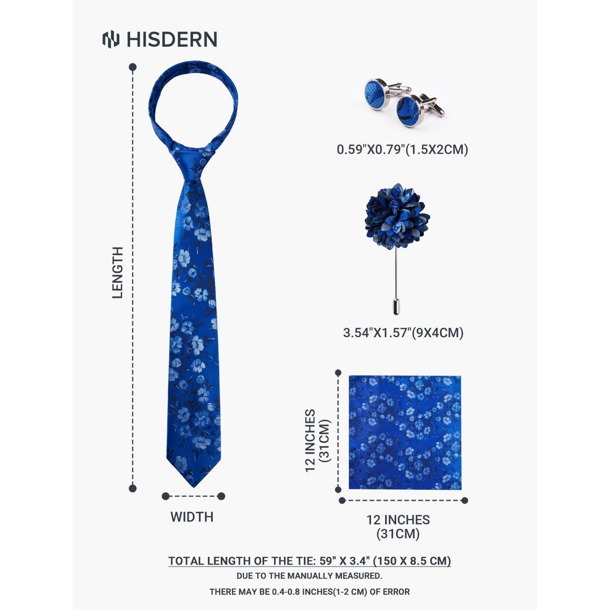 Hisdern Men's Floral 4-Piece Tie Set in Royal Blue for Weddings & Formal Wear