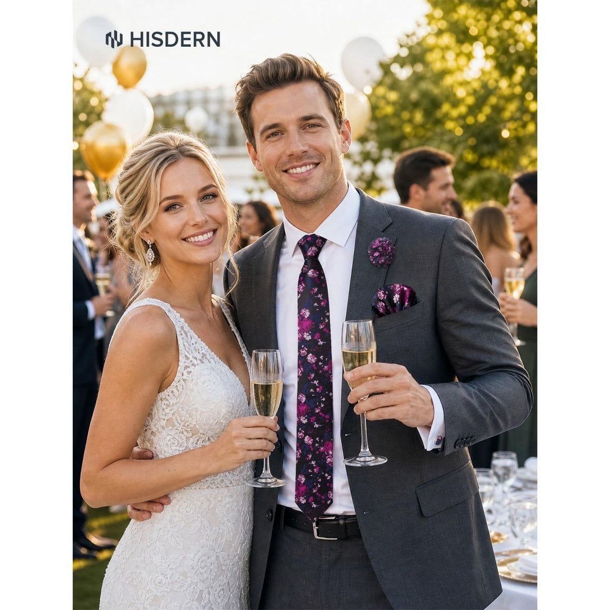 Hisdern Men's Floral 4-Piece Tie Set in Black Rose Pink for Weddings & Formal Wear