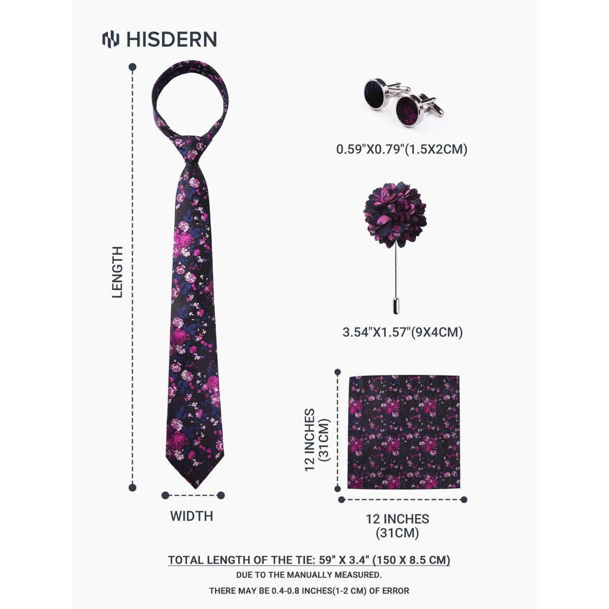 Hisdern Men's Floral 4-Piece Tie Set in Black Rose Pink for Weddings & Formal Wear