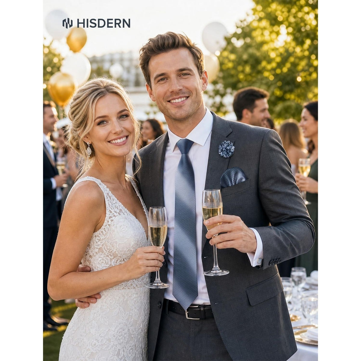 Hisdern Men's Houndstooth 4-Piece Tie Set in Blue Gray for Weddings & Formal Wear