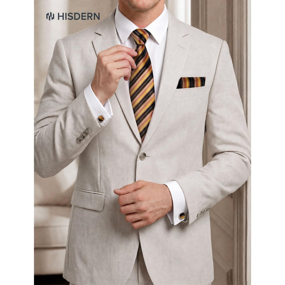 Hisdern Men's Striped 4-Piece Tie Set in Brown Burnt Orange for Weddings & Formal Wear