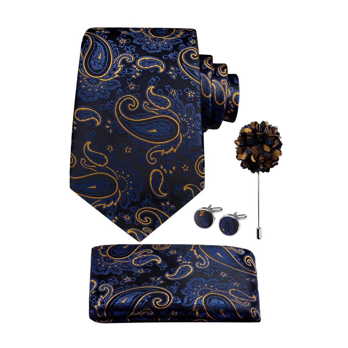 Hisdern Men's Floral 4-Piece Tie Set in Royal Blue & Gold for Weddings & Formal Wear
