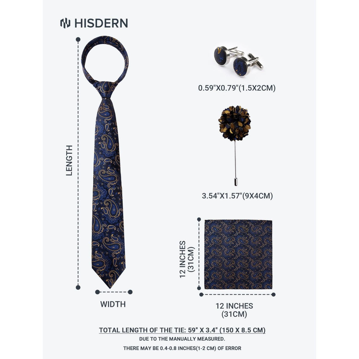 Hisdern Men's Floral 4-Piece Tie Set in Royal Blue & Gold for Weddings & Formal Wear