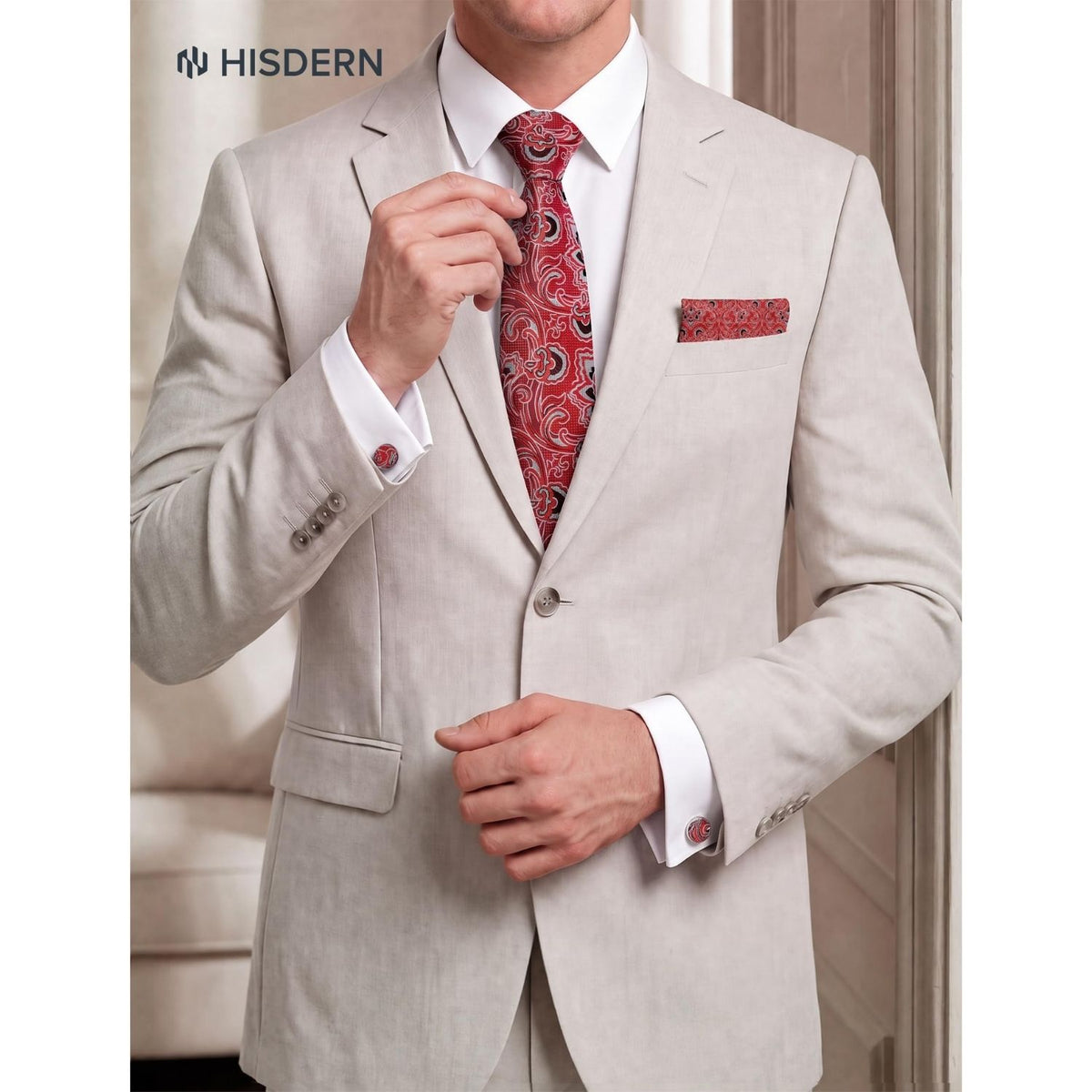 Hisdern Men's Paisley 4-Piece Tie Set in Bright Red for Weddings & Formal Wear