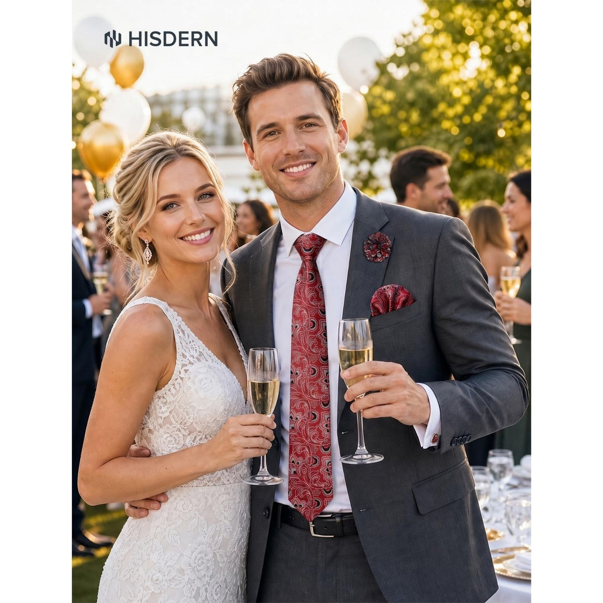 Hisdern Men's Paisley 4-Piece Tie Set in Bright Red for Weddings & Formal Wear