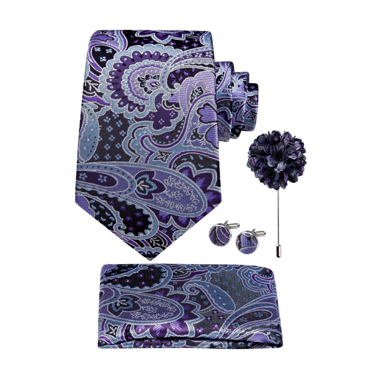 Hisdern Men's Paisley 4-Piece Tie Set in Purple ice Blue for Weddings & Formal Wear