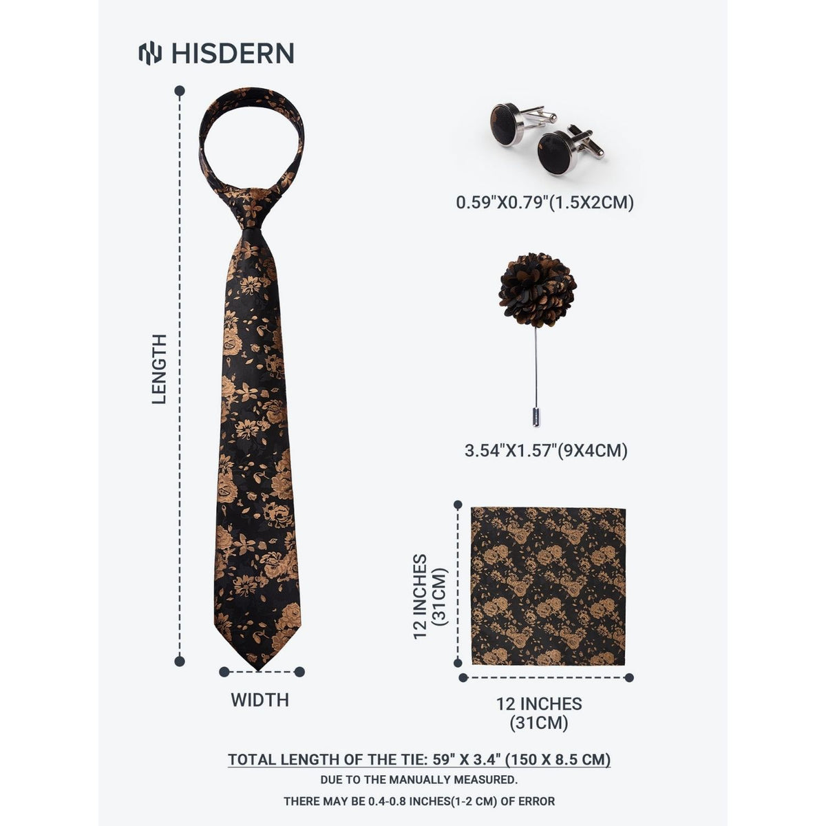 Hisdern Men's Floral 4-Piece Tie Set in Orange Gold Black for Weddings & Formal Wear