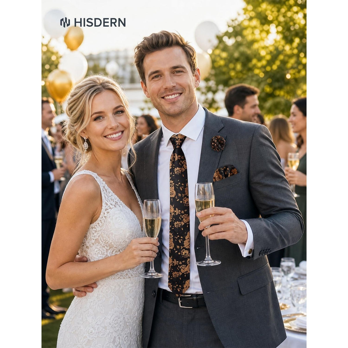 Hisdern Men's Floral 4-Piece Tie Set in Orange Gold Black for Weddings & Formal Wear