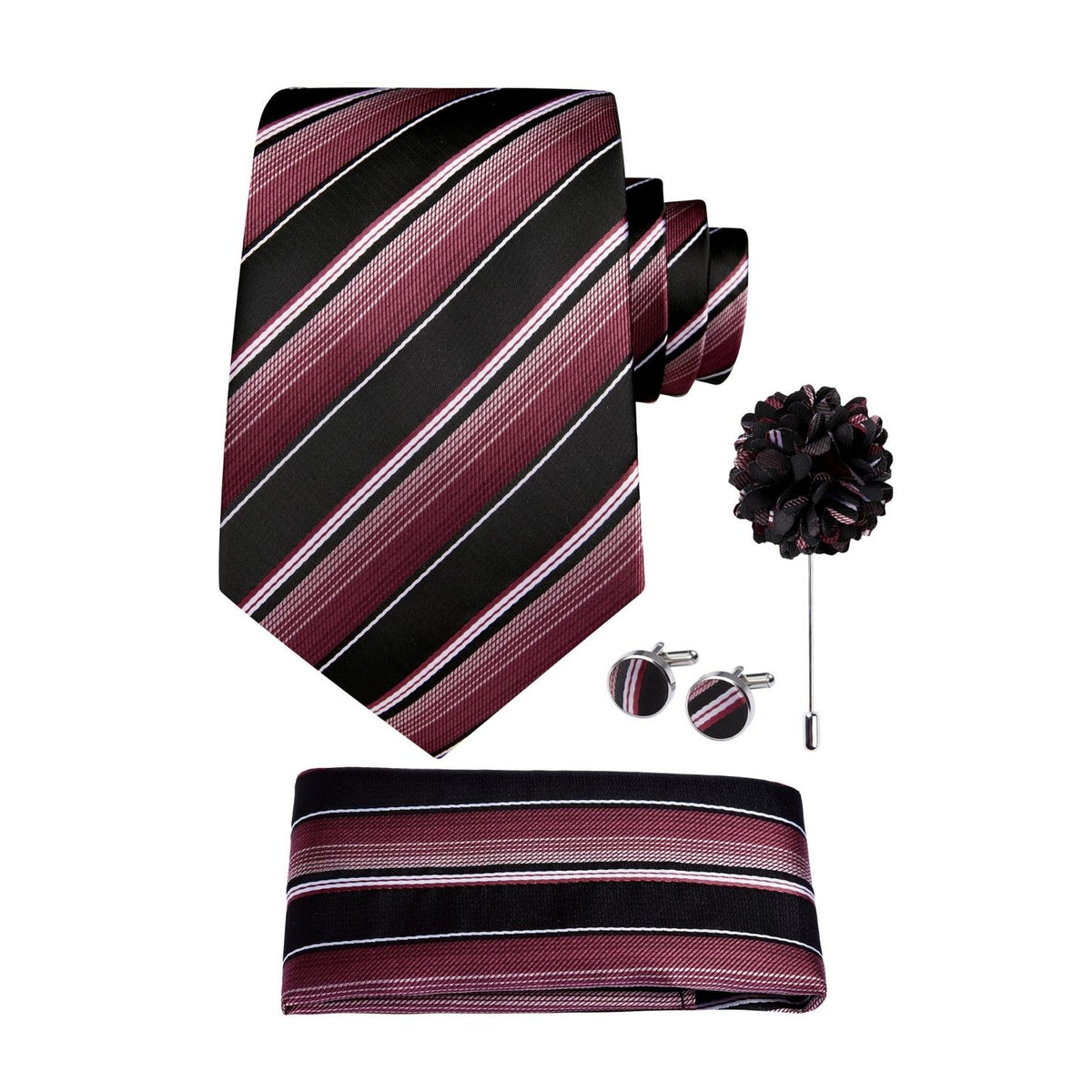 Hisdern Men's Striped 4-Piece Tie Set in Wine Red & Black for Weddings & Formal Wear