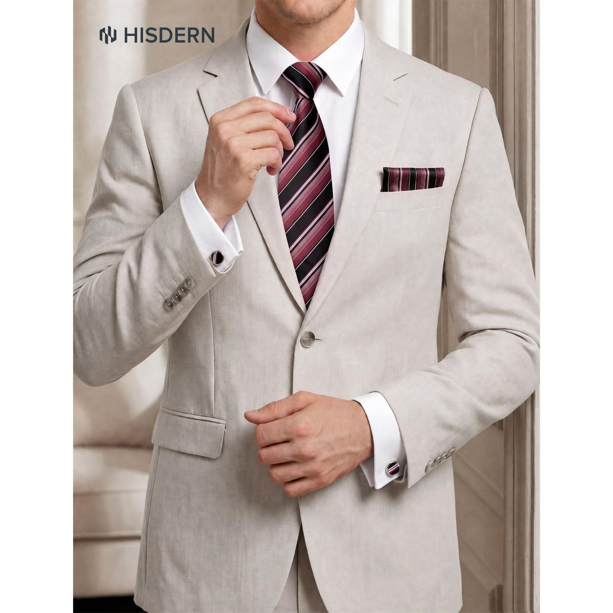 Hisdern Men's Striped 4-Piece Tie Set in Wine Red & Black for Weddings & Formal Wear