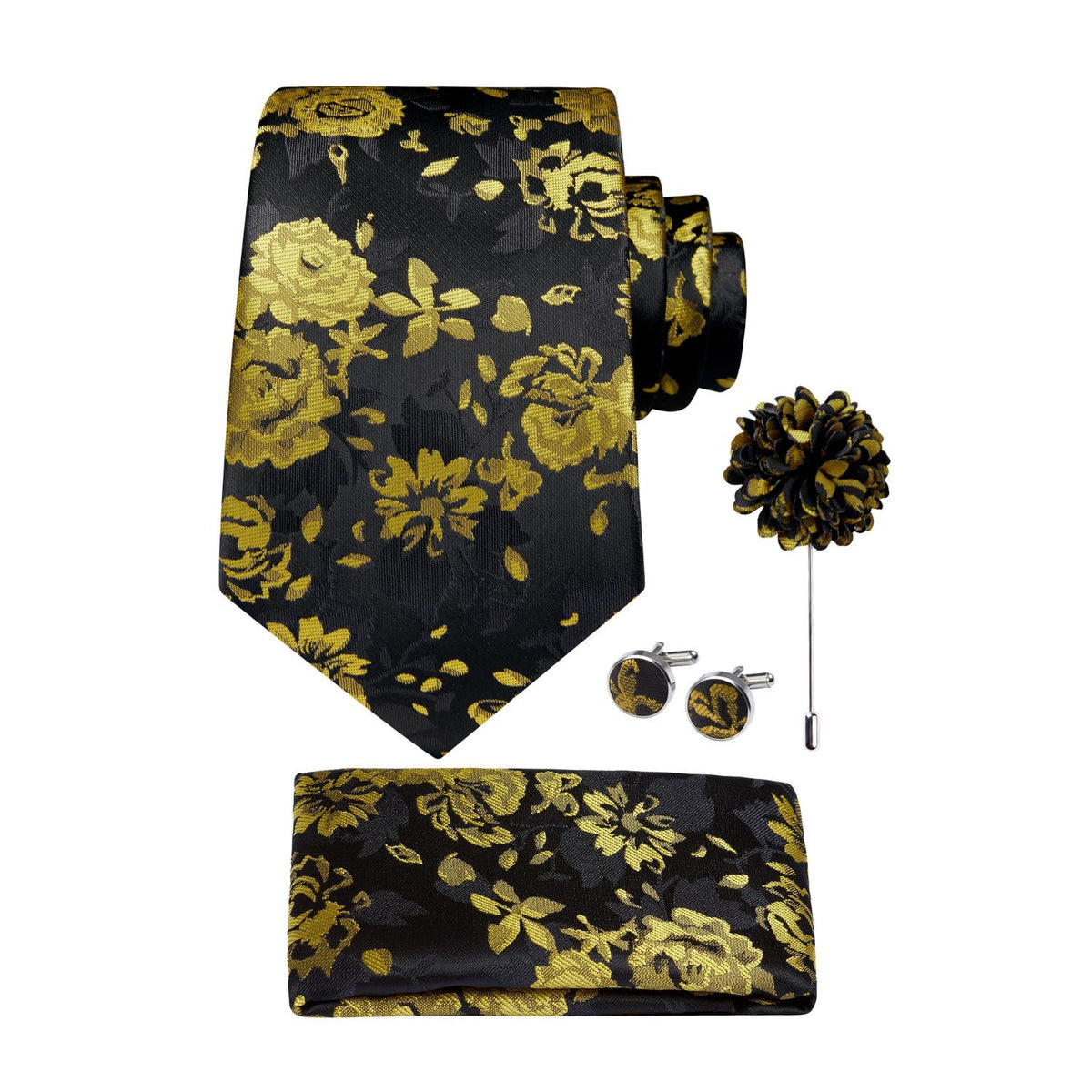 Hisdern Men's Floral 4-Piece Tie Set in Yellow Black for Weddings & Formal Wear