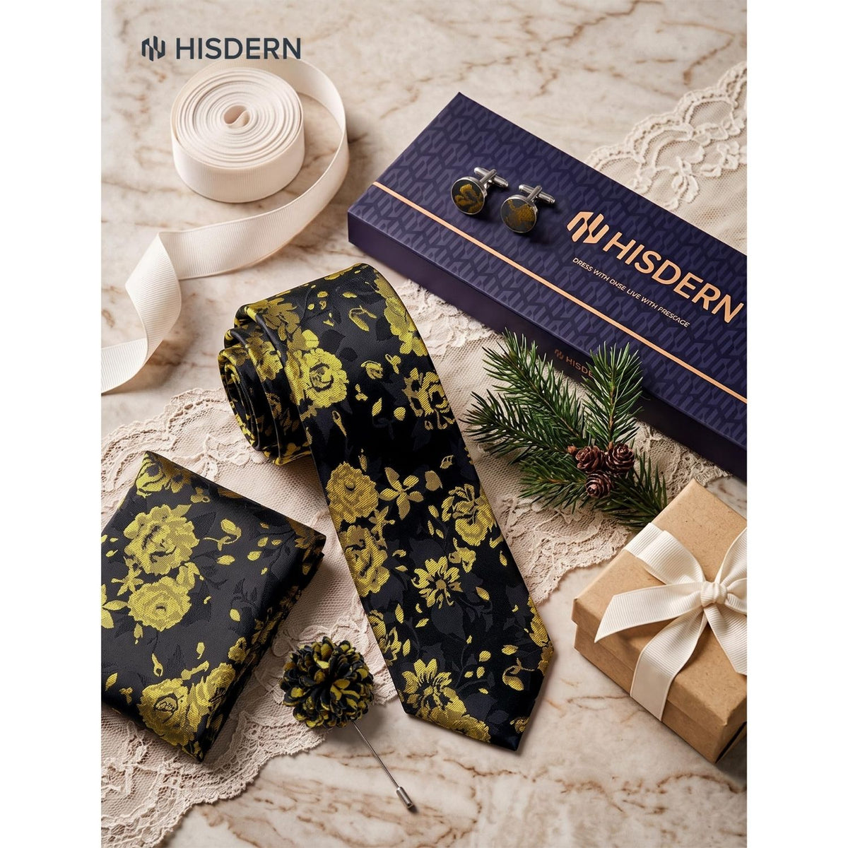 Hisdern Men's Floral 4-Piece Tie Set in Yellow Black for Weddings & Formal Wear