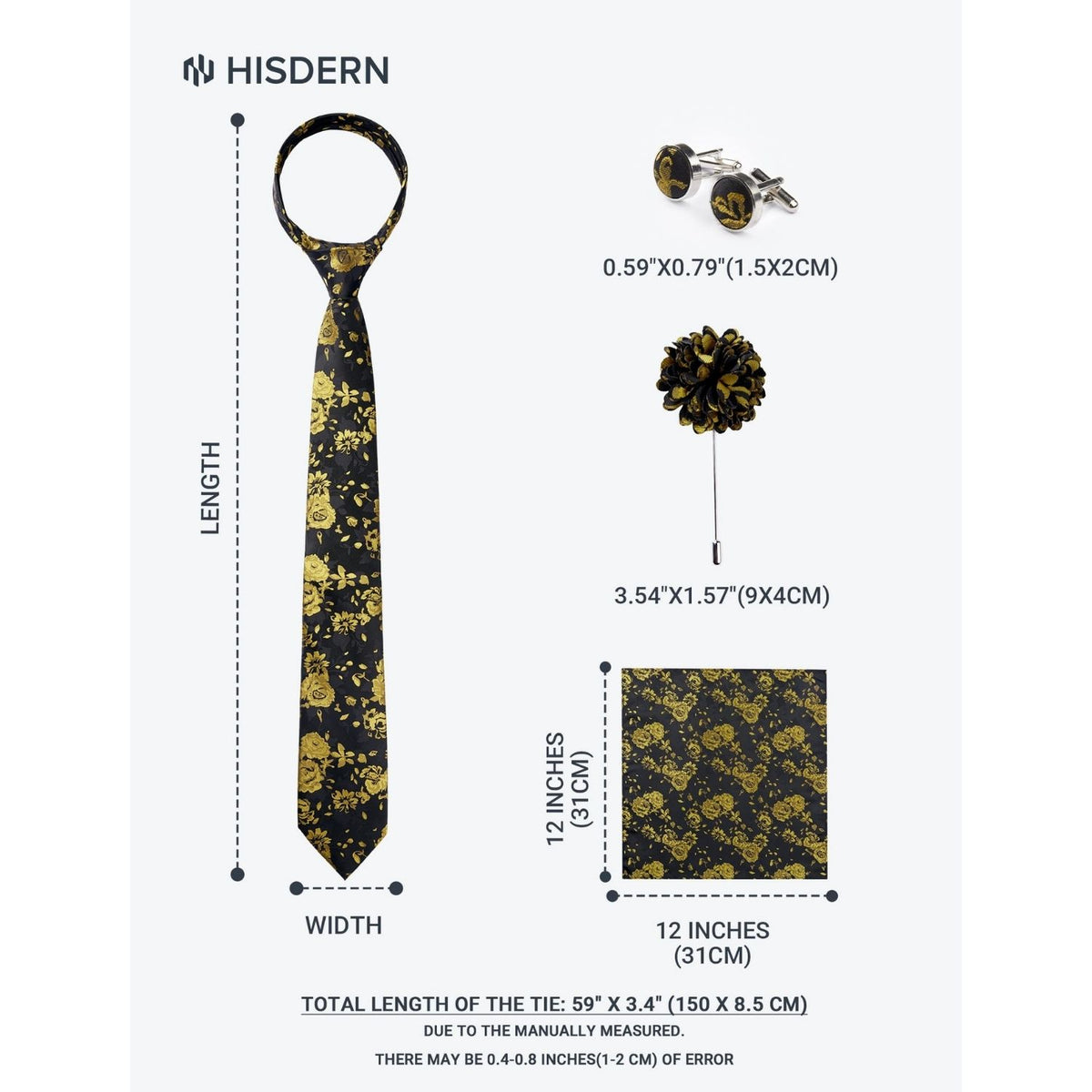 Hisdern Men's Floral 4-Piece Tie Set in Yellow Black for Weddings & Formal Wear